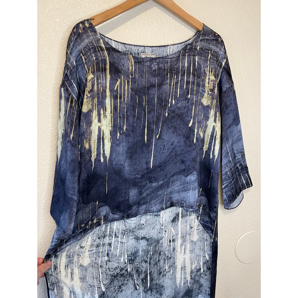 Go by Go Silk Boho Hi Low Deep Blue Abstract Design 3/4 Sleeve Square Cut Top M - Picture 8 of 11